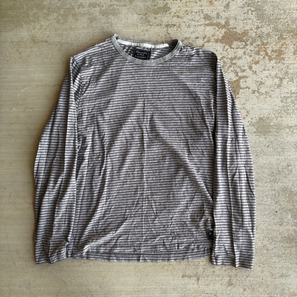 Abercrombie & Fitch Mens Large Gray Burgundy Striped Long Sleeve Crew Neck Tee